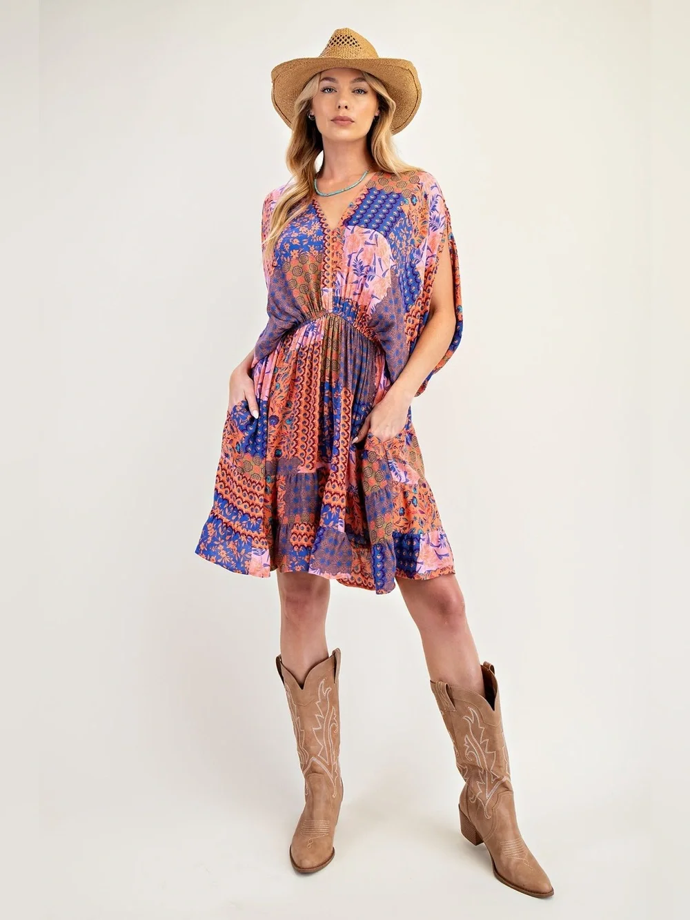 Easel PATCHWORK PRINTED RAYON GAUZE DRESS